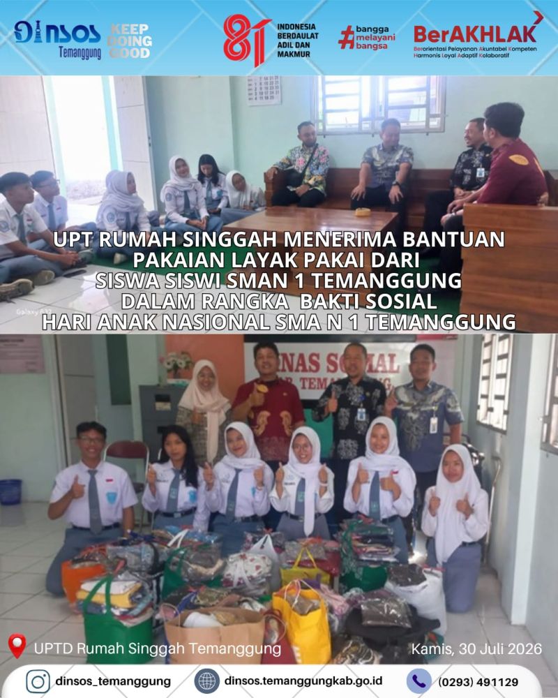 Dinas Sosial  menerima tim guru dan siswa dari SMAN I Temanggung yang mengadakan bakti sosial dalam rangkaian HAN